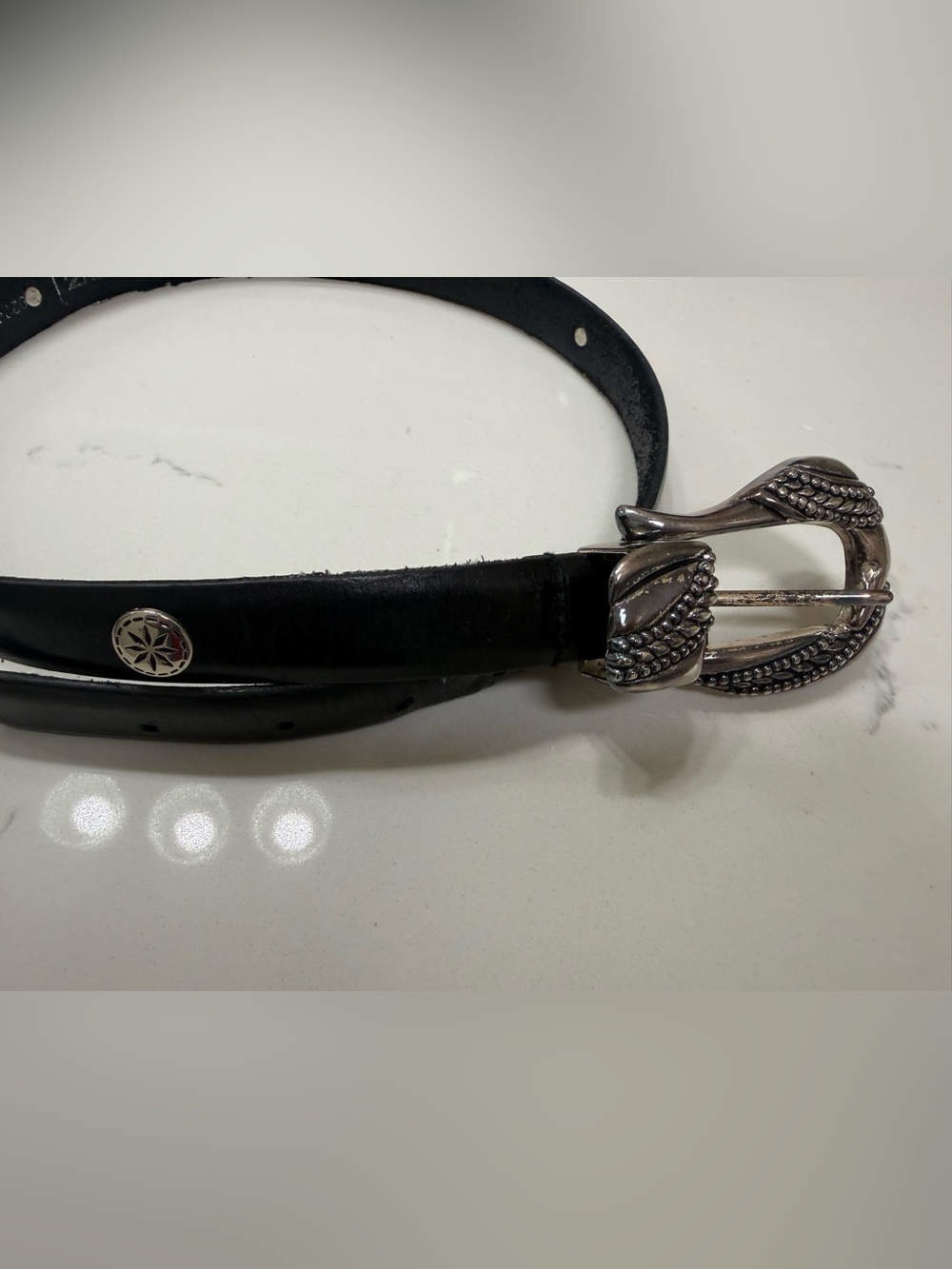 Vintage Black Leather Western Style Belt with Decorative Silver-Tone Buckle